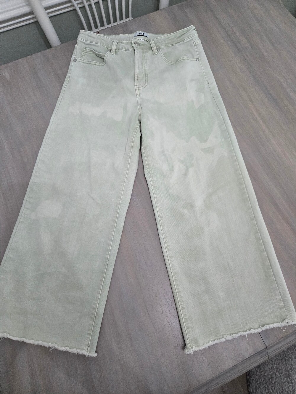 OAT NEW YORK Denim Jean Cropped Wide Leg Olive Green Distressed Raw Hem SZ 8/29